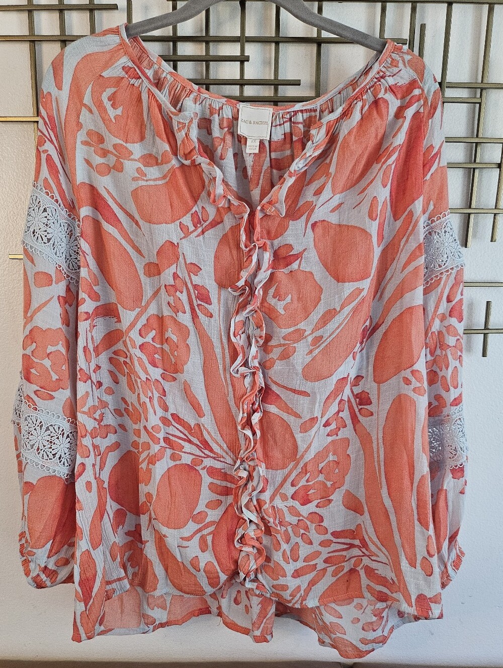 2X- Zac & Rachel- Coral and White Floral Ruffle Peasant Top
